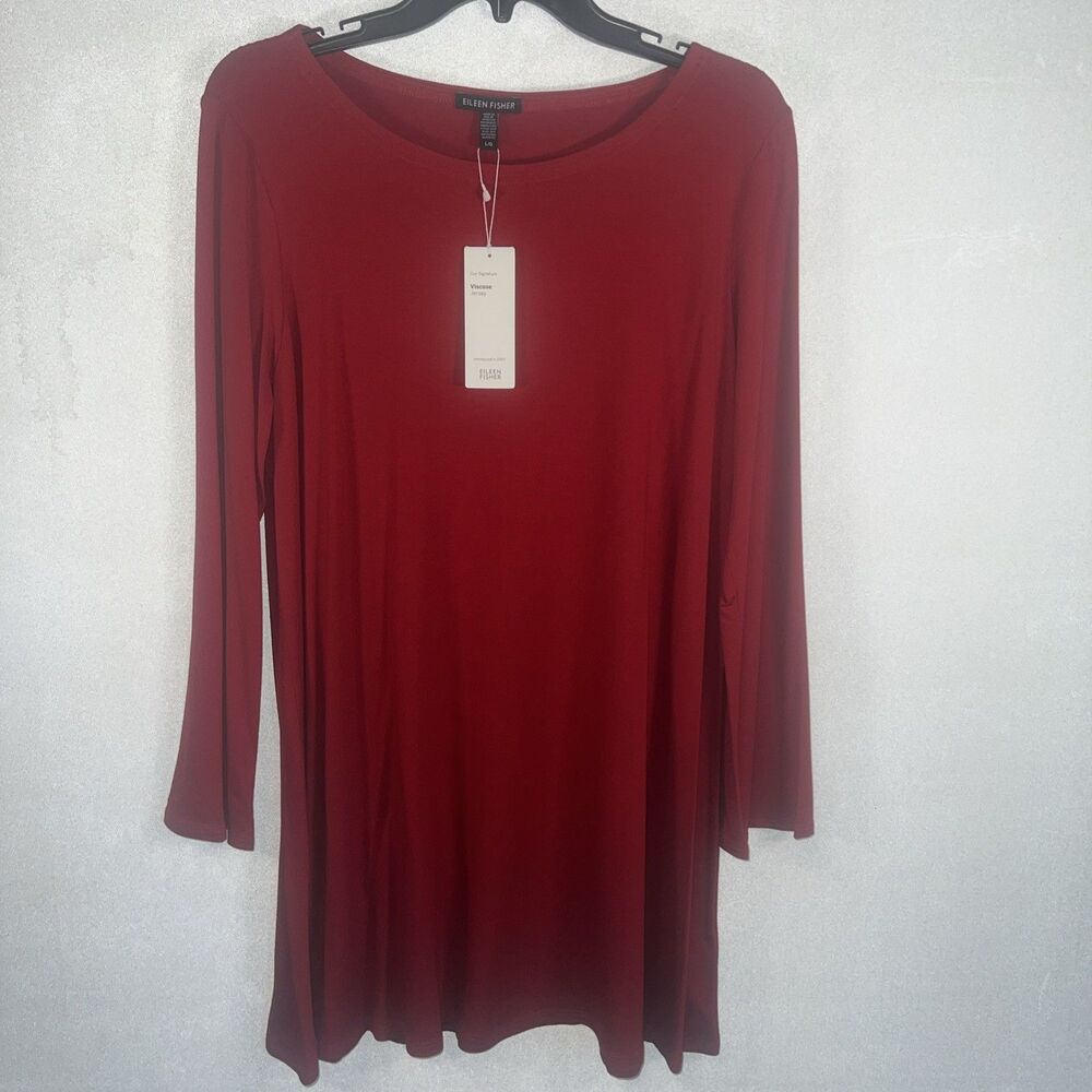 Eileen Fisher Viscose Jersey Longsleeve Tunic Shirt Red Large New